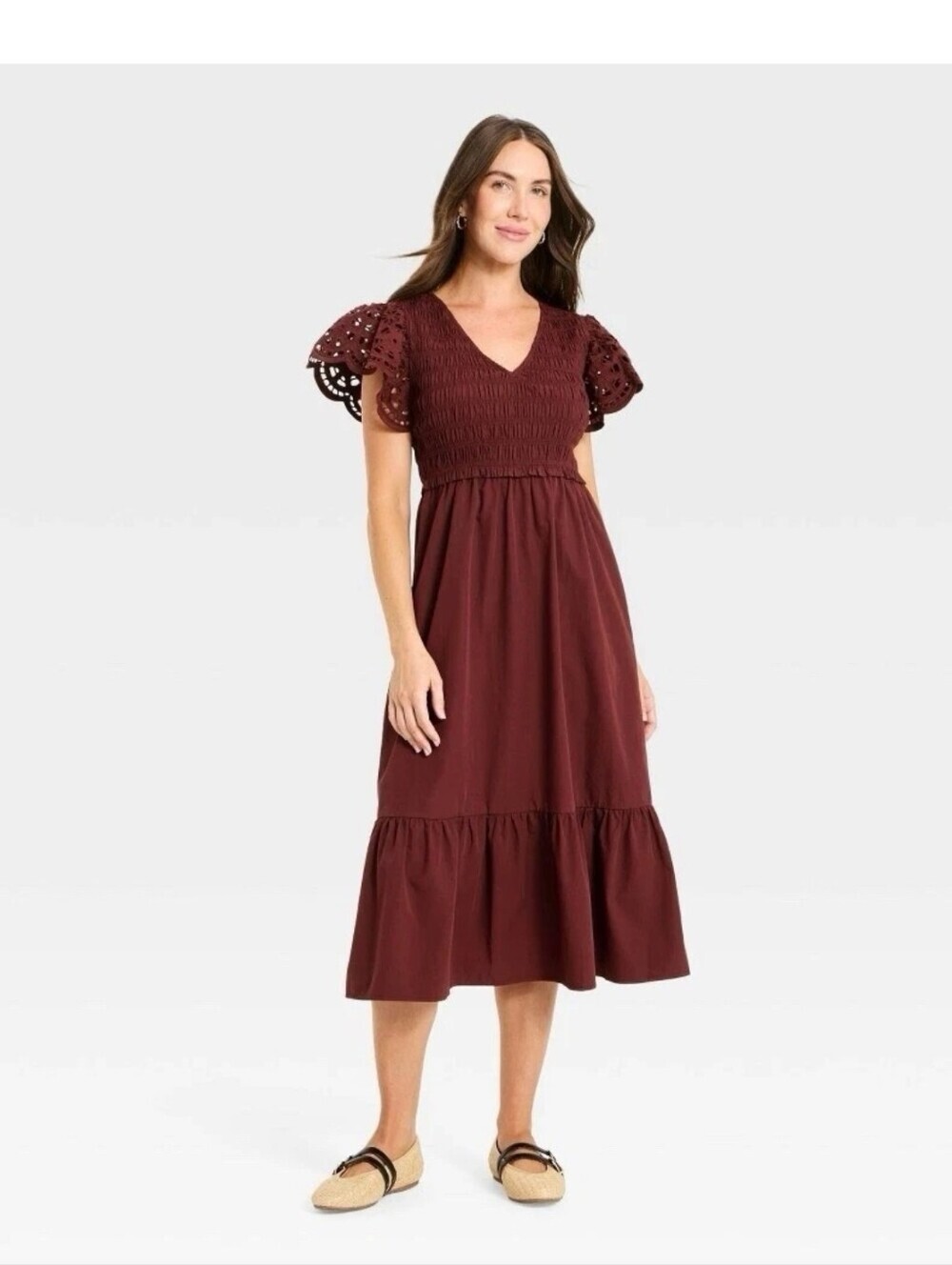 Universal Thread Women's Flutter Short Sleeve Smocked Midi A-Line Dress,Size XS